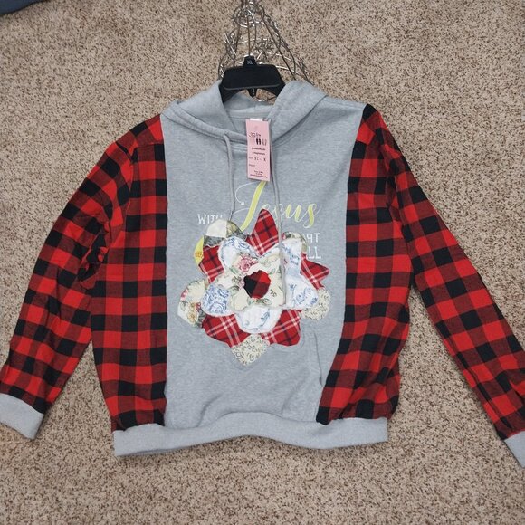 Handmade Tops - 3287 Size XL/ 1X Upcycled Hoodie Sweat Shirt With Flannel Sleeves and Quilted